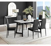 Furniturebox Carson 6 Seater White Marble Effect Rectangular Scratch Resistant Dining Table With 6 Black Milan Faux Leather Black Leg Chairs