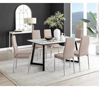 Carson White Marble Effect Dining Table & 6 Milan Chrome Leg Chairs FurnitureboxUK Beige One Size