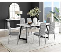Carson White Marble Effect Dining Table and 6 Milan Chrome Leg Chairs - Grey