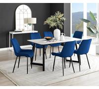 Carson White Marble Effect Dining Table and 6 Pesaro Black Leg Chairs - Navy