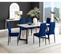 Furnitureboxuk Carson White Marble Effect Dining Table & 6 Velvet Milan Black Leg Chairs In Navy Navy One Size