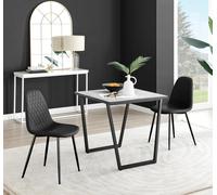 Carson White Marble Effect Square Dining Table and 2 Corona Black Leg Chairs - Black