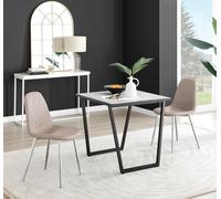Carson White Marble Effect Square Dining Table & 2 Faux Leather Corona Silver Chairs FurnitureboxUK Beige One Size