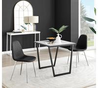Carson White Marble Effect Square Dining Table and 2 Corona Silver Chairs - Black