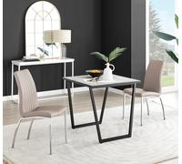 Carson White Marble Effect Square Dining Table and 2 Isco Chairs - Cappuccino