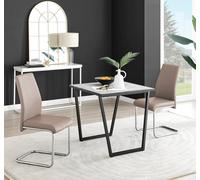 Carson White Marble Effect Square Dining Table & 2 Faux Leather Lorenzo Chairs FurnitureboxUK Beige One Size