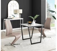 FurnitureboxUK Carson White Marble Effect Square Dining Table & 2 Faux Leather Willow Chairs in Beige FurnitureboxUK Beige