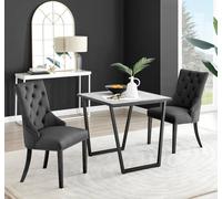 Furniturebox Carson Small 2 Seater White Marble Effect Square Scratch Resistant Dining Table With 2 Black Belgravia Velvet Black Leg Chairs