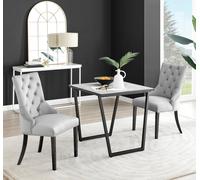 Furniture Box Carson White Marble Effect Square Dining Table and 2 Grey Belgravia Black Leg Chairs