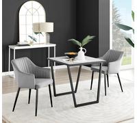 Furniture Box Carson White Marble Effect Square Dining Table and 2 Grey Calla Black Leg Chairs