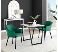 Furnitureboxuk Carson White Marble Effect Square Dining Table & 2 Velvet Calla Black Leg Chairs In Green Green One Size