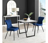 Furniturebox Uk Carson White Marble Effect Square Dining Table & 2 Blue Nora Black Leg Chairs