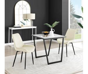 Furnitureboxuk Carson White Marble Effect Square Dining Table & 2 Velvet Pesaro Black Leg Chairs In Cream Cream