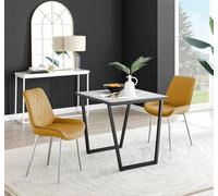 Carson White Marble Effect Square Dining Table & 2 Velvet Pesaro Silver Leg Chairs FurnitureboxUK Mustard One Size