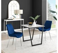 Furnitureboxuk Carson White Marble Effect Square Dining Table & 2 Velvet Pesaro Silver Leg Chairs In Navy Navy One Size
