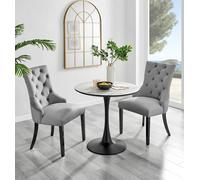 Elina White Marble Effect Round Dining Table and 2 Belgravia Black Leg Chairs - Grey