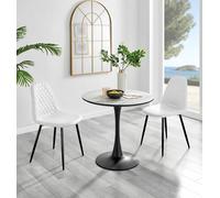 Elina White Marble Effect Round Dining Table and 2 Corona Black Leg Chairs - White