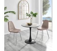 Elina White Marble Effect Round Dining Table and 2 Corona Silver Chairs - Cappuccino