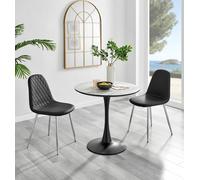 Elina White Marble Effect Round Dining Table and 2 Corona Silver Chairs - Black