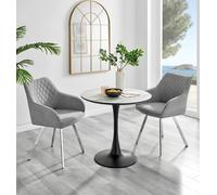 Elina White Marble Effect Round Dining Table and 2 Falun Silver Leg Chairs - Light Grey