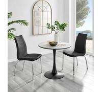Elina White Marble Effect Round Dining Table and 2 Isco Chairs - Black