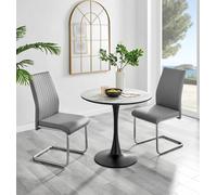Elina White Marble Effect Round Dining Table and 2 Lorenzo Chairs - Grey