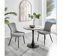 Furniture Box Elina White Marble Effect Round Dining Table and 2 Light Grey Nora Black Leg Chairs
