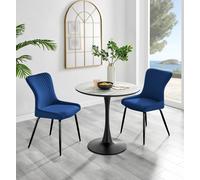 FurnitureboxUK Elina White Marble Effect Scratch Resistant Dining Table & 2 Nora Black Leg Velvet Chairs in Blue FurnitureboxUK Blue
