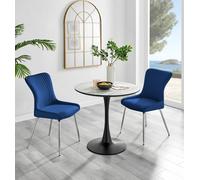 Elina White Marble Effect Scratch Resistant Dining Table & 2 Nora Silver Leg Velvet Chairs FurnitureboxUK Blue One Size