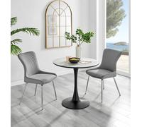 Elina White Marble Effect Round Dining Table and 2 Nora Silver Leg Chairs - Light Grey