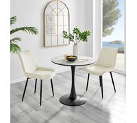 Elina White Marble Effect Scratch Resistant Dining Table & 2 Pesaro Black Leg Velvet Chairs FurnitureboxUK Cream One Size