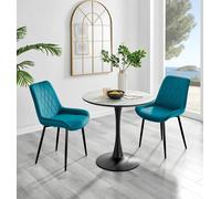 Elina White Marble Effect Scratch Resistant Dining Table & 2 Pesaro Black Leg Velvet Chairs FurnitureboxUK Blue One Size