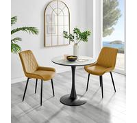Elina White Marble Effect Scratch Resistant Dining Table & 2 Pesaro Black Leg Velvet Chairs FurnitureboxUK Mustard One Size
