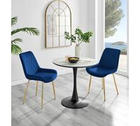 Elina White Marble Effect Round Dining Table and 2 Pesaro Gold Leg Chairs - Navy