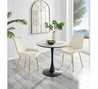 Elina White Marble Effect Scratch Resistant Dining Table & 2 Pesaro Gold Leg Velvet Chairs FurnitureboxUK Cream One Size