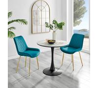 Elina White Marble Effect Round Dining Table and 2 Pesaro Gold Leg Chairs - Blue