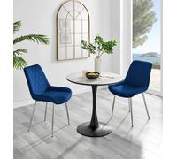 Furnitureboxuk Elina White Marble Effect Scratch Resistant Dining Table & 2 Pesaro Silver Leg Velvet Chairs In Navy Navy