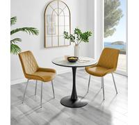 Elina White Marble Effect Scratch Resistant Dining Table & 2 Pesaro Silver Leg Velvet Chairs FurnitureboxUK Mustard One Size