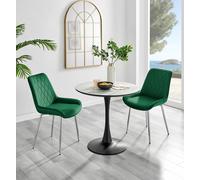 FurnitureboxUK Elina White Marble Effect Scratch Resistant Dining Table & 2 Pesaro Silver Leg Velvet Chairs in Green FurnitureboxUK Green
