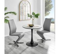 Elina White Marble Effect Round Dining Table and 2 Willow Chairs - Grey