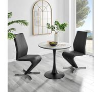 Elina White Marble Effect Round Dining Table and 2 Willow Chairs - Black