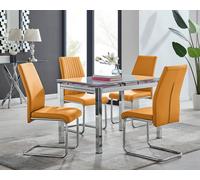 FurnitureboxUK Enna White Glass Extending 4-6 Seater Dining Table & 4 Lorenzo Faux Leather Chairs in Mustard FurnitureboxUK Mustard