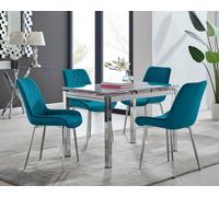 Enna White Glass Extending Dining Table With Four Pesaro Silver Leg Chairs - Blue