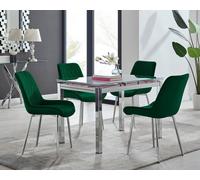 Enna White Glass Extending Dining Table With Four Pesaro Silver Leg Chairs - Green