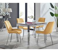 Enna White Glass Extending Dining Table With Four Pesaro Silver Leg Chairs - Mustard