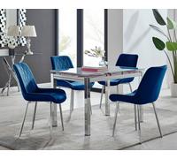 Enna White Glass Extending Dining Table With Four Pesaro Silver Leg Chairs - Navy