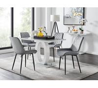 Furniturebox Giovani Rectangular 4 Seat White High Gloss Unique Halo Base Dining Table Grey Glass Top 4 Grey Velvet Black Leg Pesaro Chairs