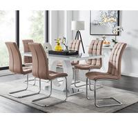 Giovani 6-Seater Grey Glass Dining Table and 6 Murano Faux Leather Dining Chairs FurnitureboxUK Beige One Size