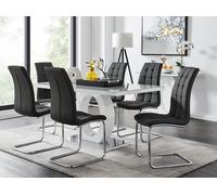 Giovani Grey White Modern Glass Dining Table With Six Murano Chairs Set - Black