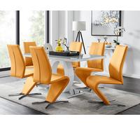 Giovani 6-Seater Grey Glass Dining Table and 6 Willow Faux Leather Dining Chairs FurnitureboxUK Mustard One Size